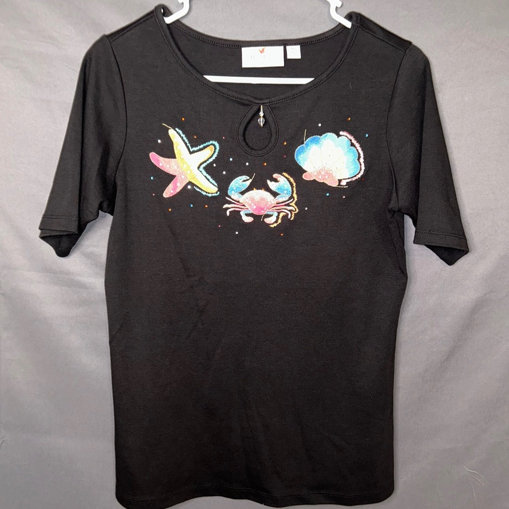 Quacker Factory Black Coastal Embroidered Beaded Keyhole Top Starfish Crab XS